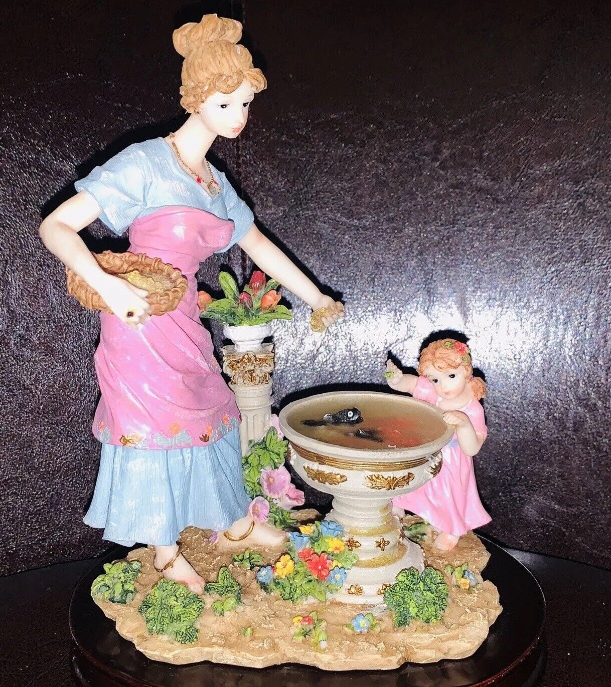 Vintage Gentili Collection Lady W/ Child  By The Fountain Feeding Fish Wood Base