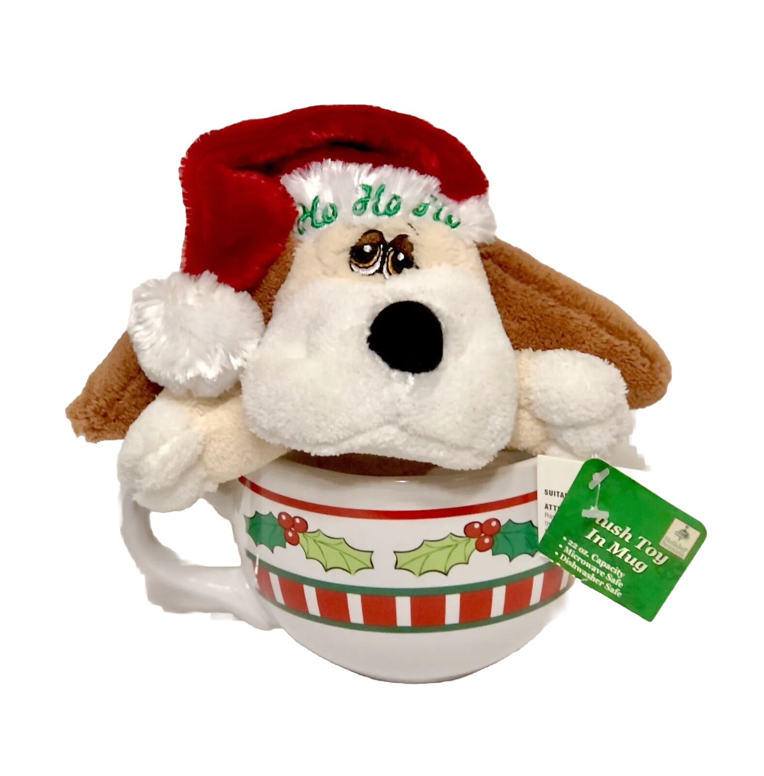 VTG DanDee Ho-Ho-Ho Plush Dog Santa Hat Holly Berry Christmas Large 22oz Mug