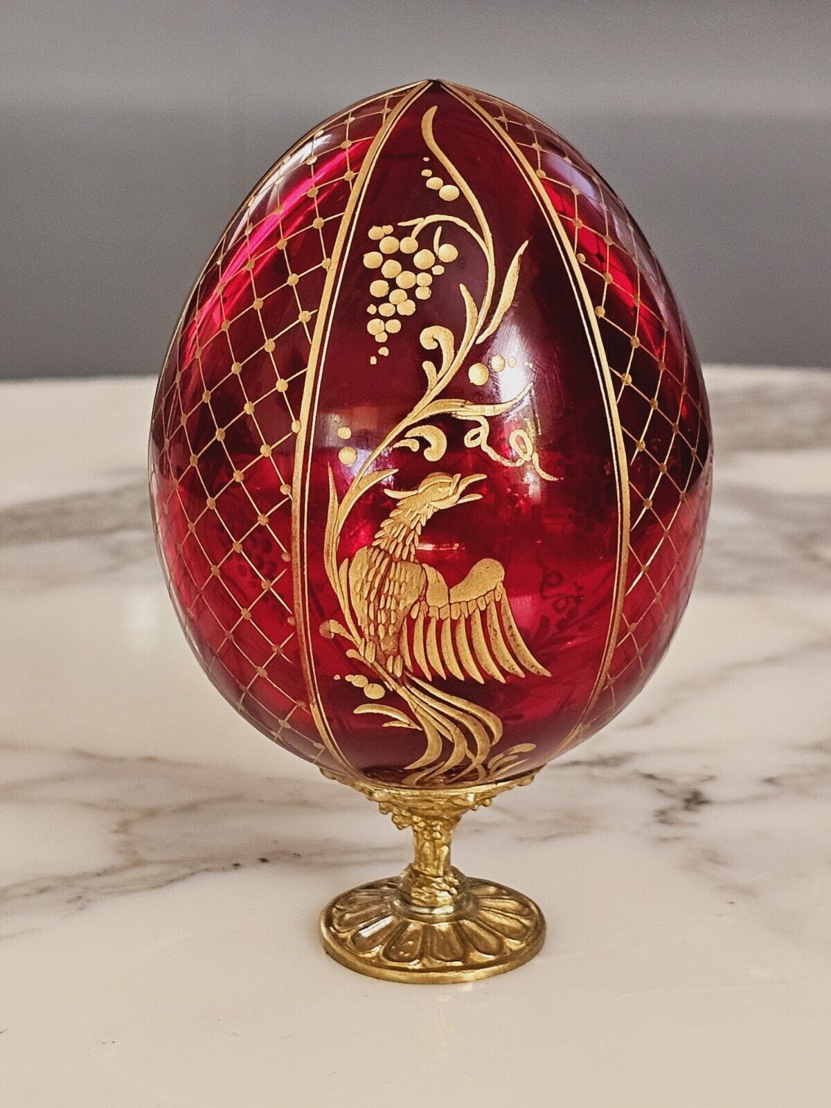 Antique Ruby Red Crystal Russian Egg Etched Laces & Phoenix on Bronze Stand Rare