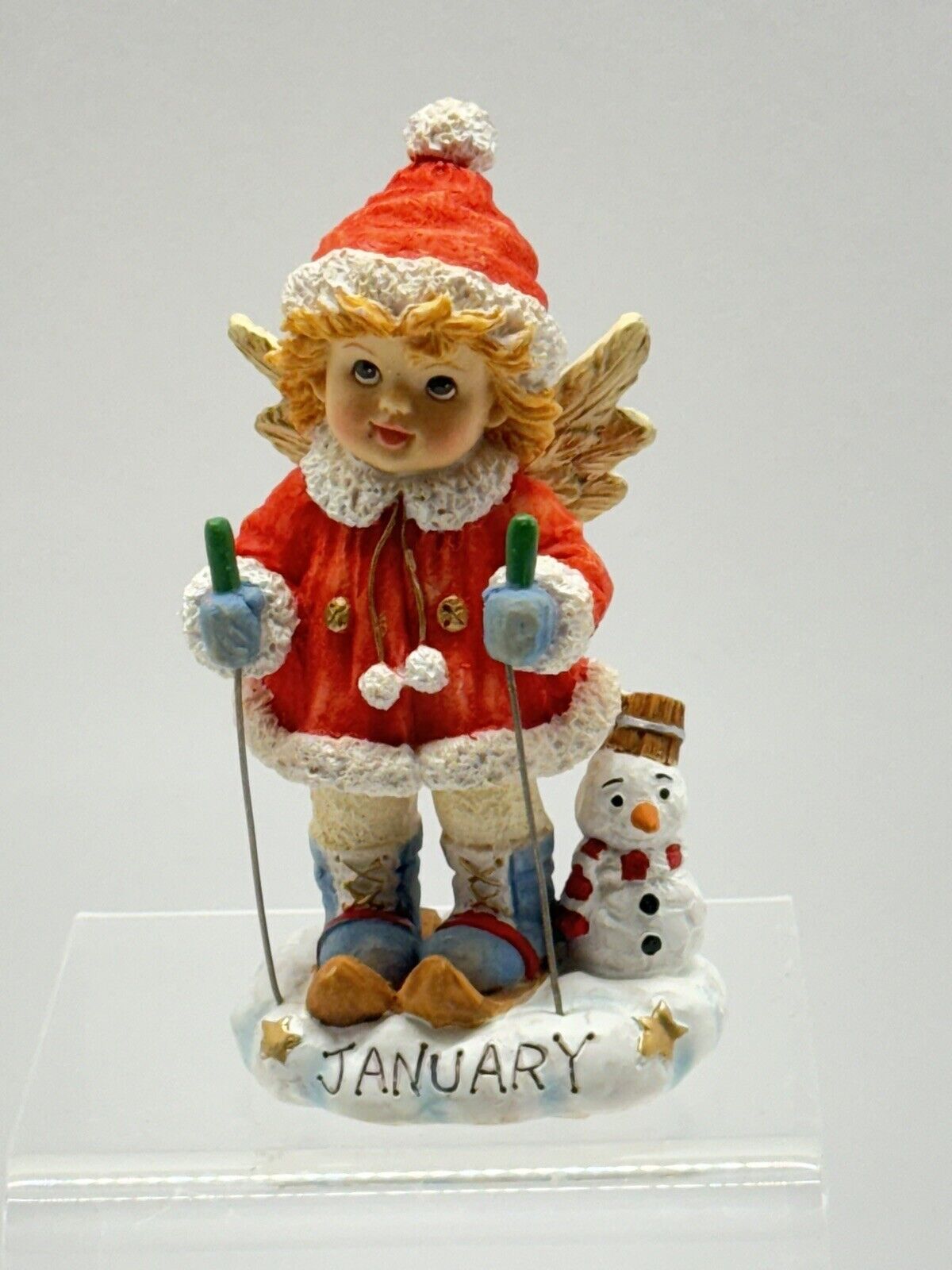 Vintage 1996 Kalendar Kids January Skiing Angel Figurine - Roman Inc