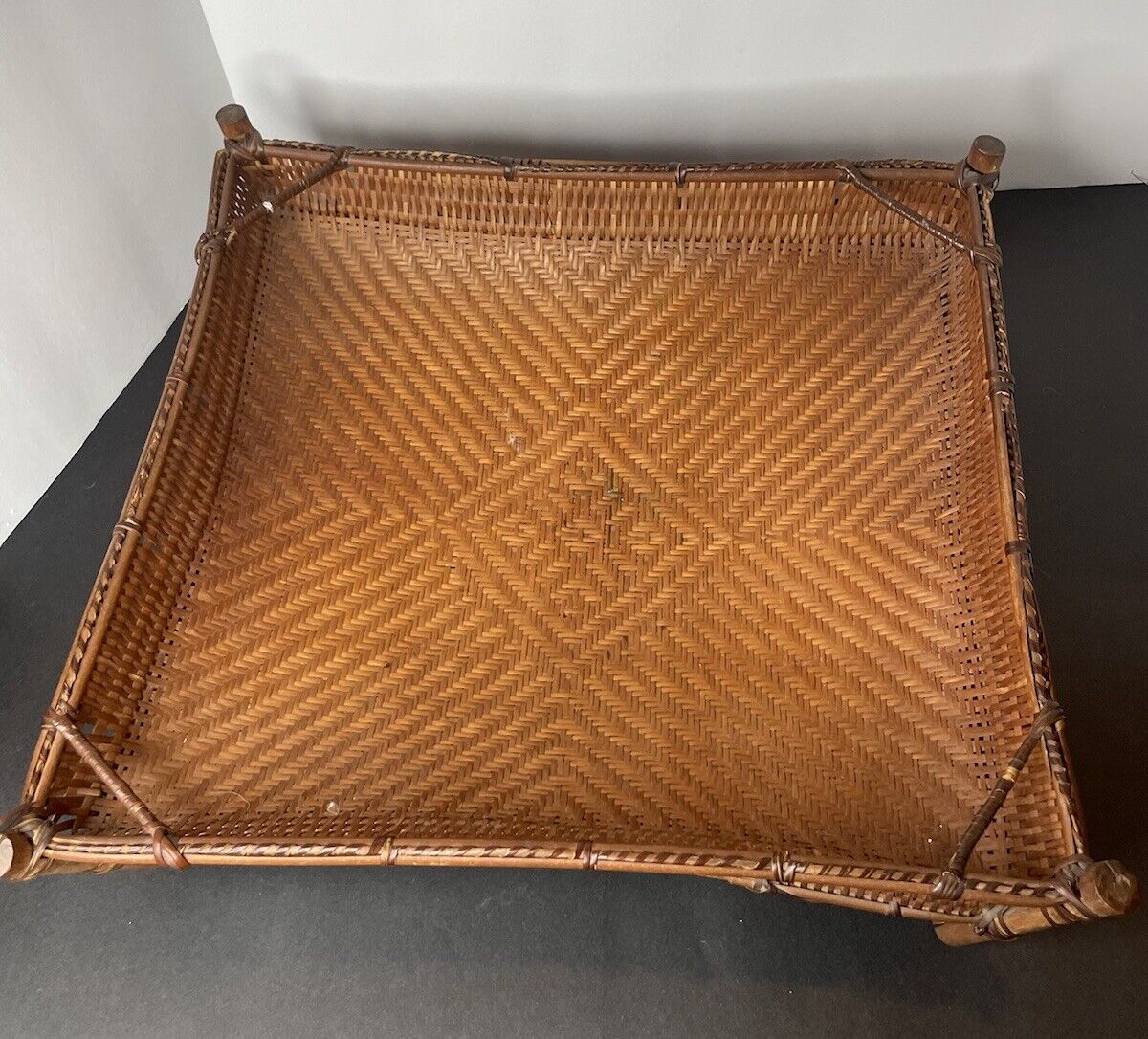Mid 20th Century Woven Grass Rattan Bamboo Tray Basket MCM Vintage WWII