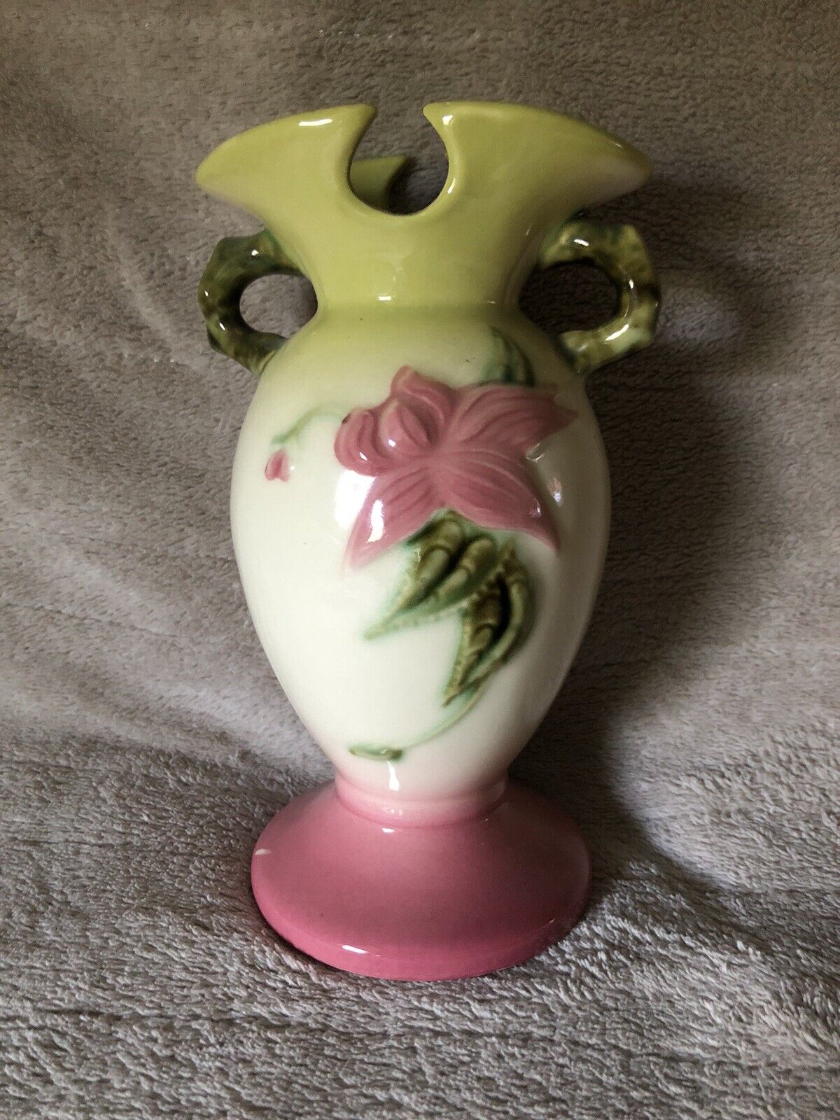 Vintage Hull Pottery Woodland Dawn 7” Vase Charteuse/pink