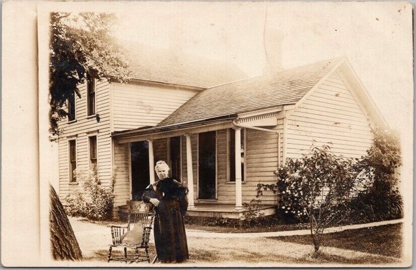 c1910s RPPC Real Photo Postcard Older Woman in Black Dress / Rocking Chair