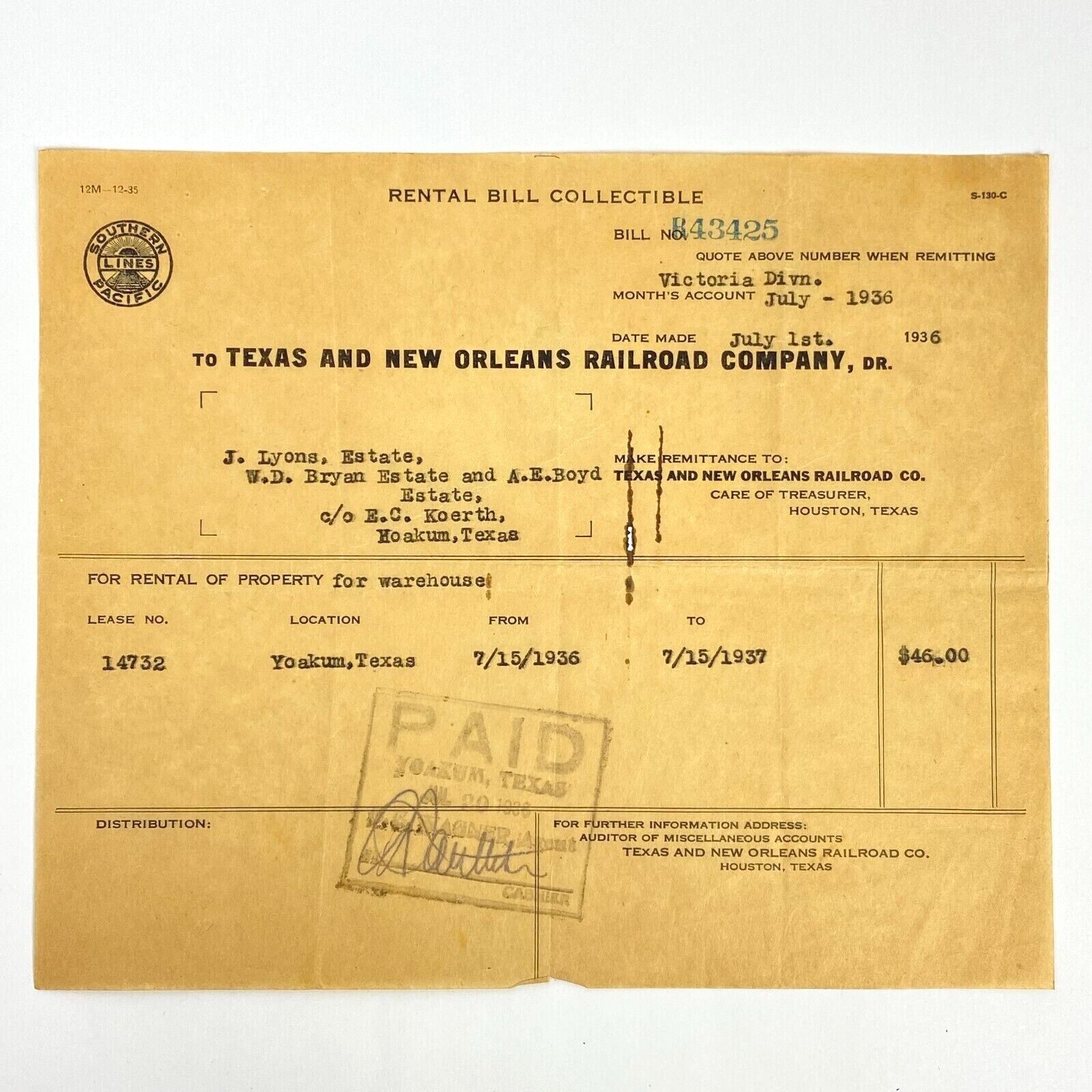 1936 New Orleans & Texas Pacific Railroad Storage Rental Bill Onion Skin Vintage