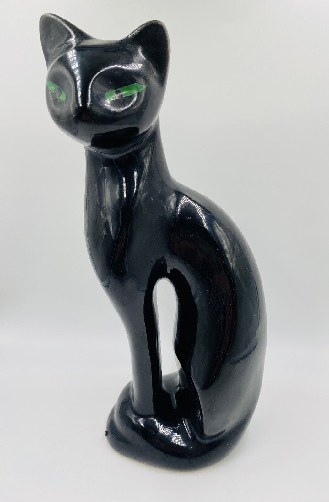Vtg Retro Black Ceramic Pottery Stylized Cat Green Eyes Figurine 11’ Taiwan Made