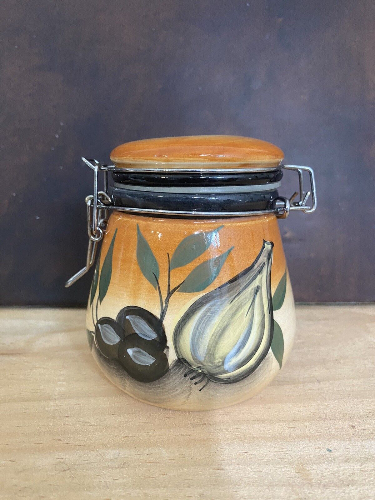 Ceramic Jar Hand Painted W/ Wire Lock Lid kitchen storage