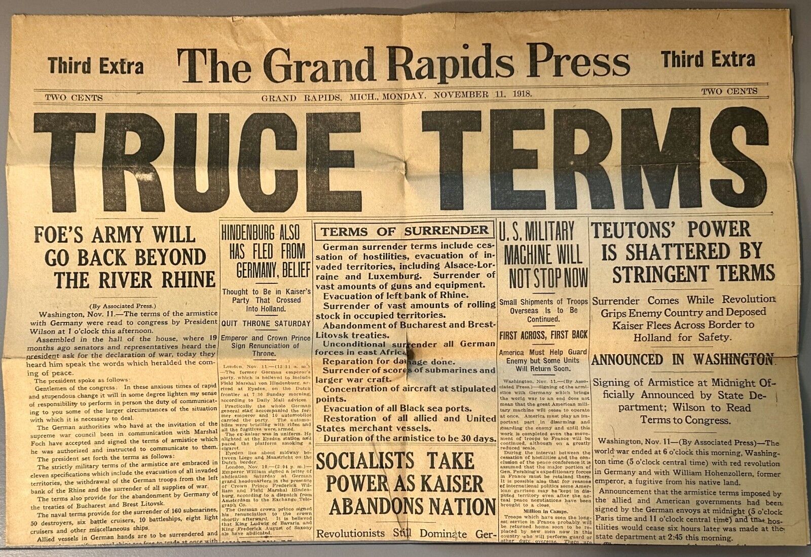 GRAND RAPIDS PRESS - NOVEMBER 11, 1918 - TRUCE TERMS - VINTAGE NEWSPAPER