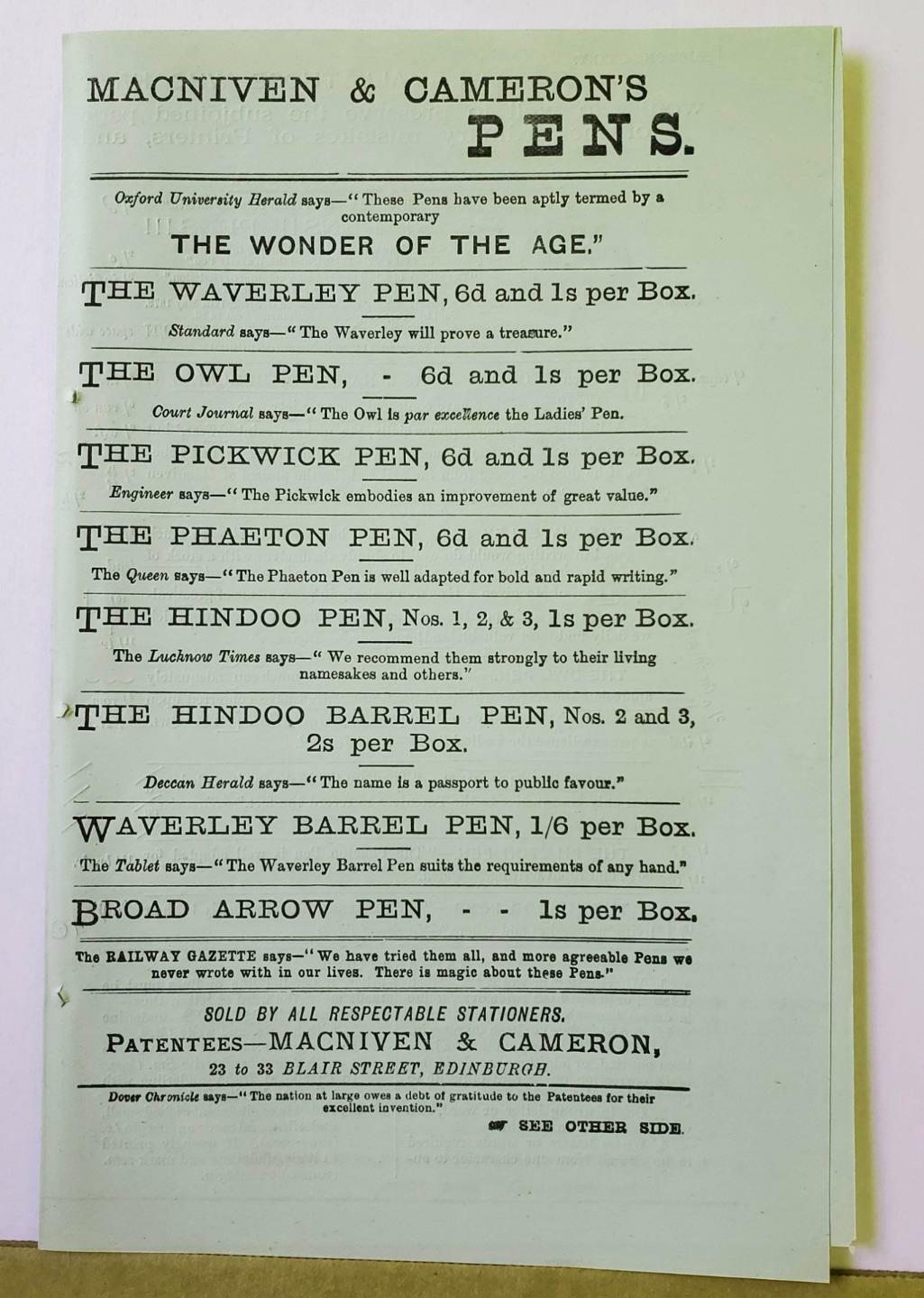 1876 MacNiven & Cameron Pens Waverly PRINT AD in 5 Languages Edinburgh Scotland
