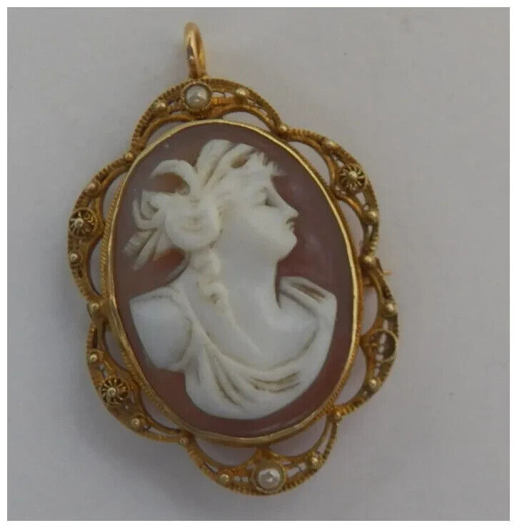 Antique 14K Gold Shell Cameo Brooch - 6.2 grams - Cannetille Gold Frame