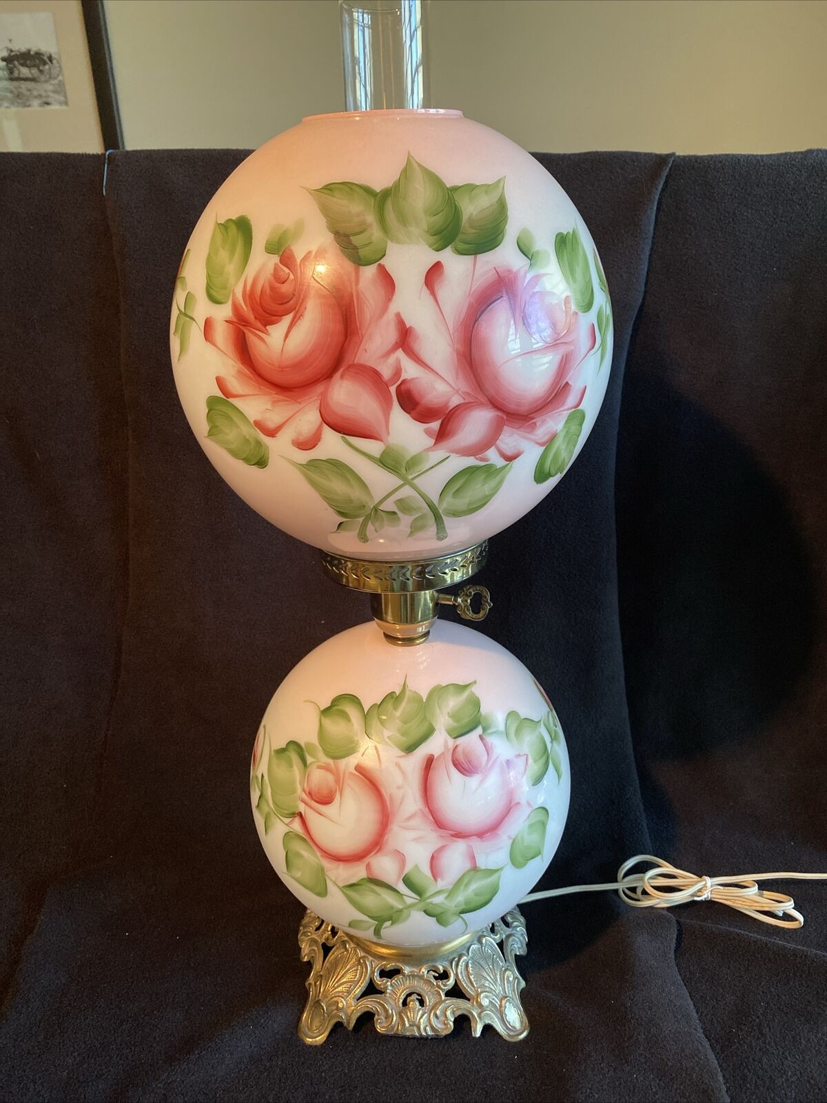 Antique 3 Way Double Globe Gone With The Wind Hurricane Parlor Floral Lamp 25\
