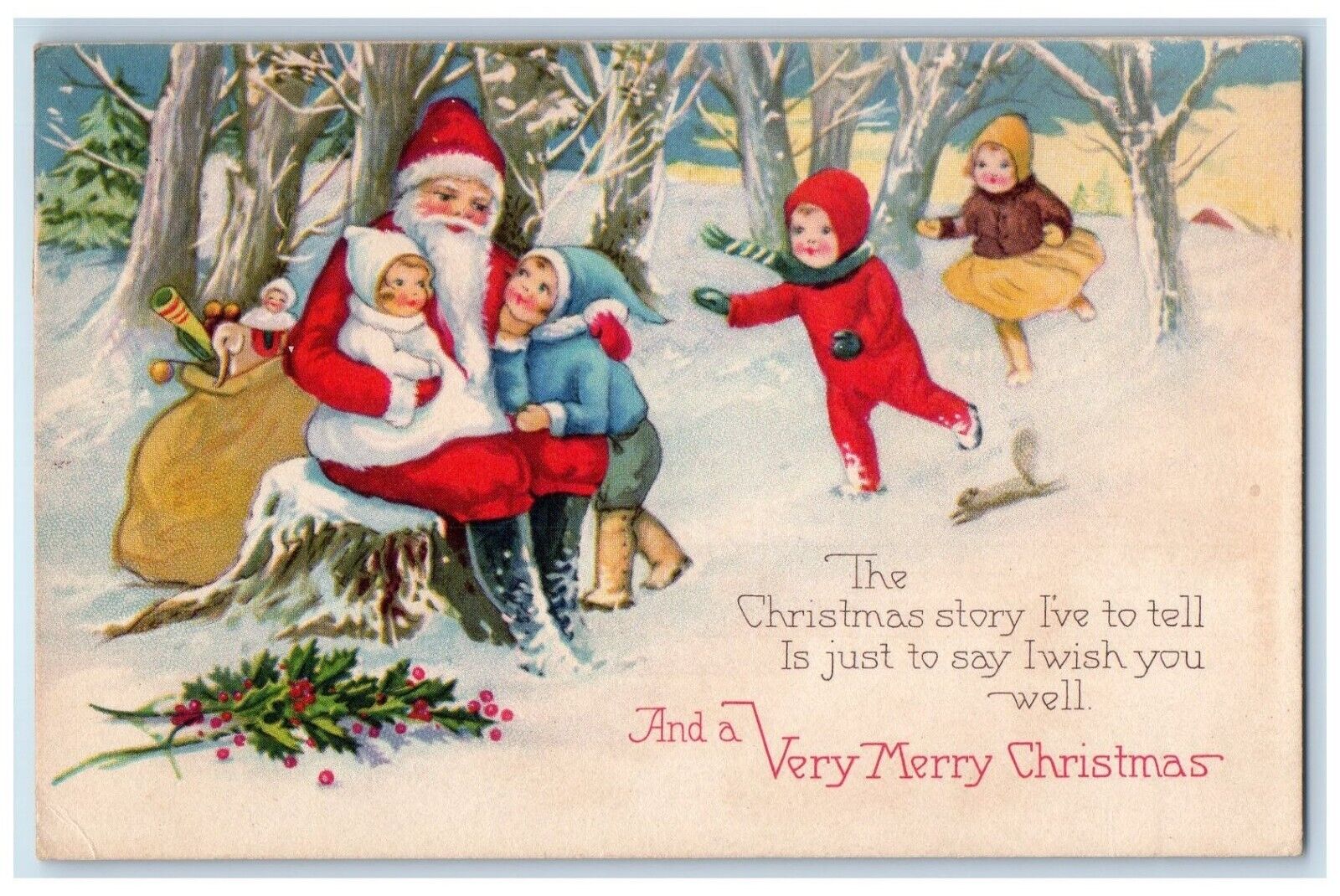 1922 Christmas Santa Claus Sack Of Toys Childrens Holly Berries Winter Postcard