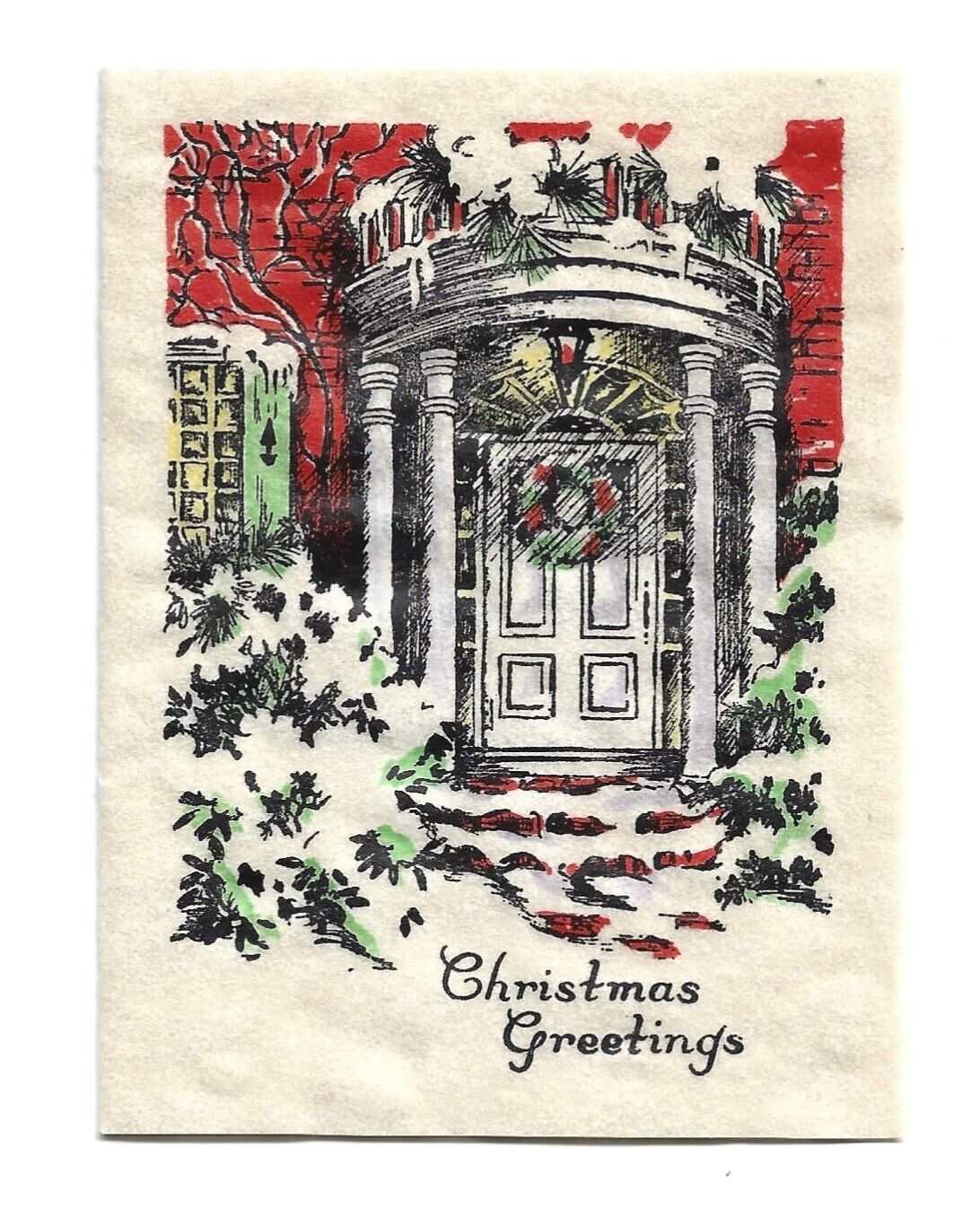 Vtg  Christmas Card by Bromfield  SMALL size CHARMING Winter Welcoming Door