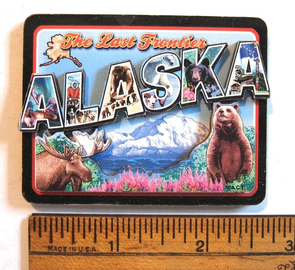 Alaska The Last Frontier Souvenir Magnet Mountains Moose Bear
