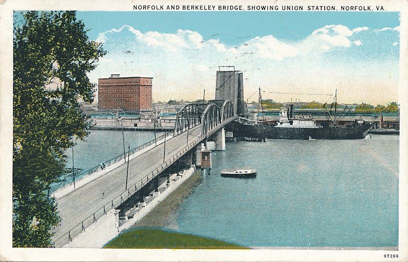 Norfolk and Berkeley Bridge showing Union Station Norfolk VA Virginia pm 1929 WB