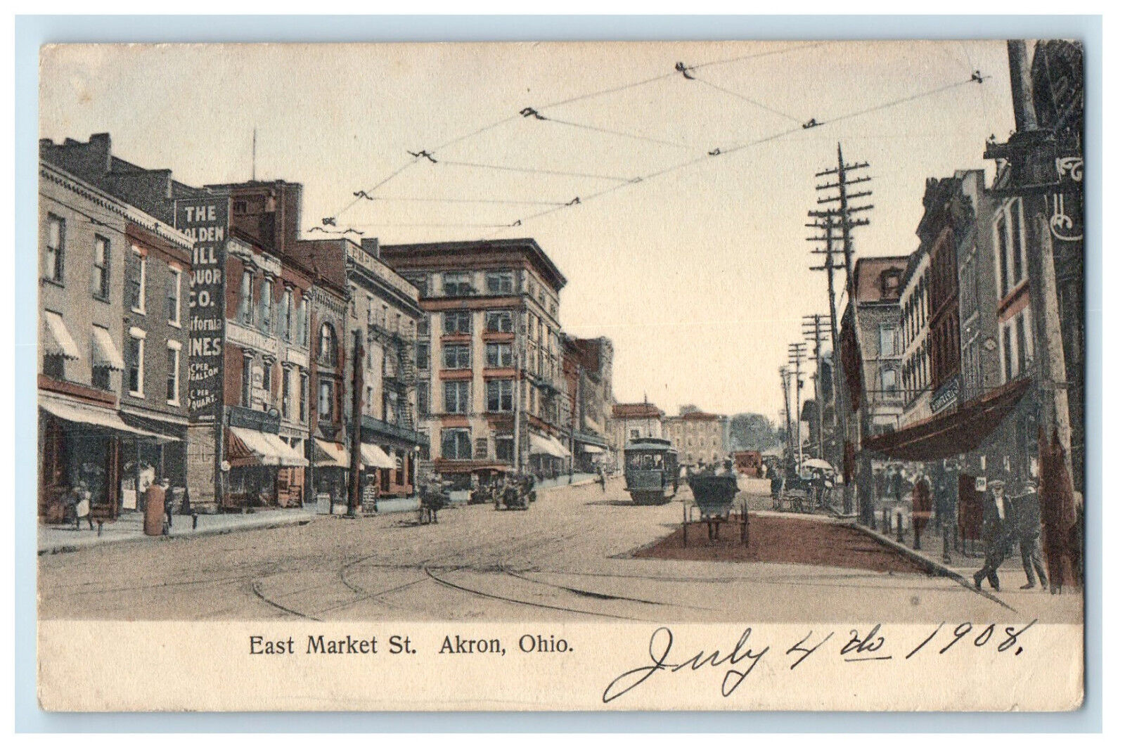 1908 Trolley Car, Horse Carriage Businesses, East Market St. Akron OH Postcard