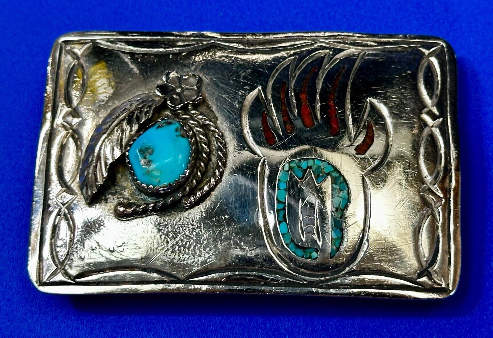 W. Nezzie Turquoise & Coral Inlay Bear Paw Vintage Navajo Belt Buckle