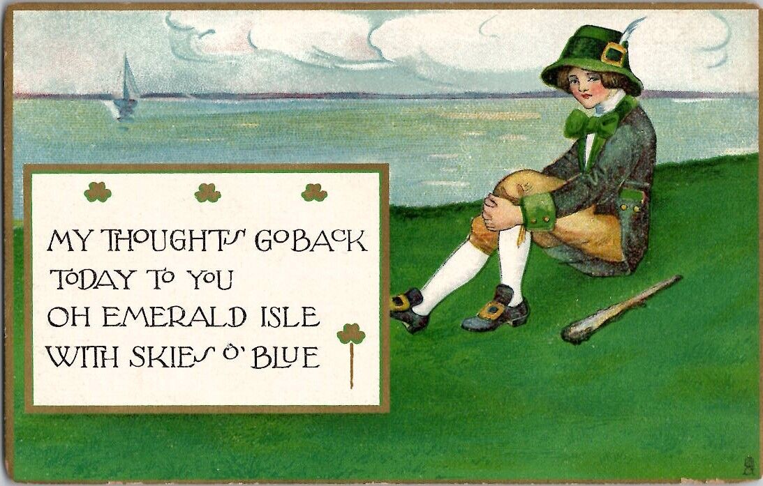 St Patrick's Day Handsome Lad Boy Emerald Isle Shillelagh TUCKS Vtg Postcard 194
