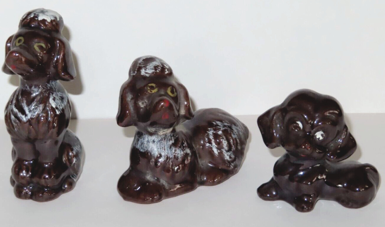 Vintage Glazed Redware Ceramic Dog Puppy Figurines 3.25\