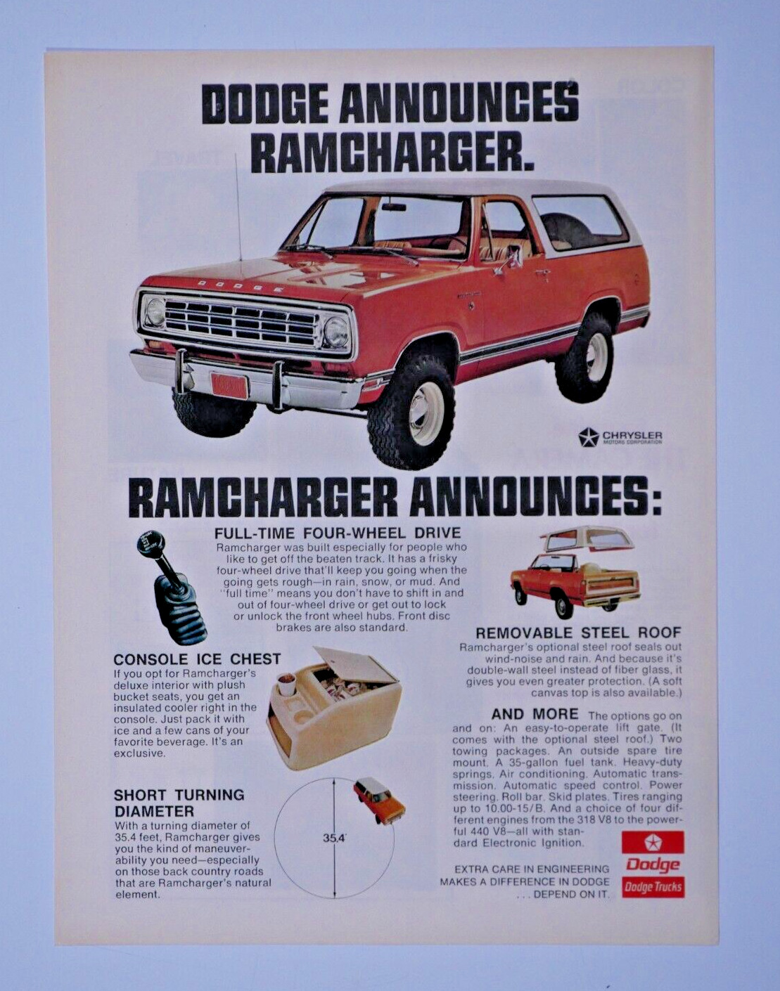 1974 Dodge Ramcharger Vintage Original Print Ad 8.5 x 11