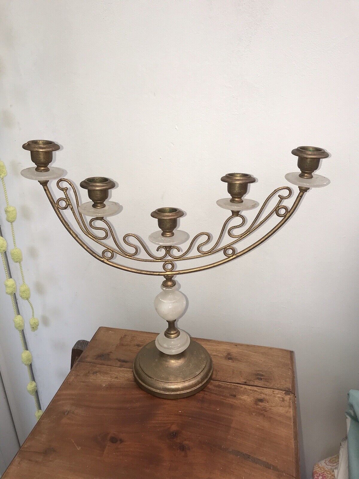 French Antique Candelabra Candlestick Brass Alabaster Marble candle 5 arm marble
