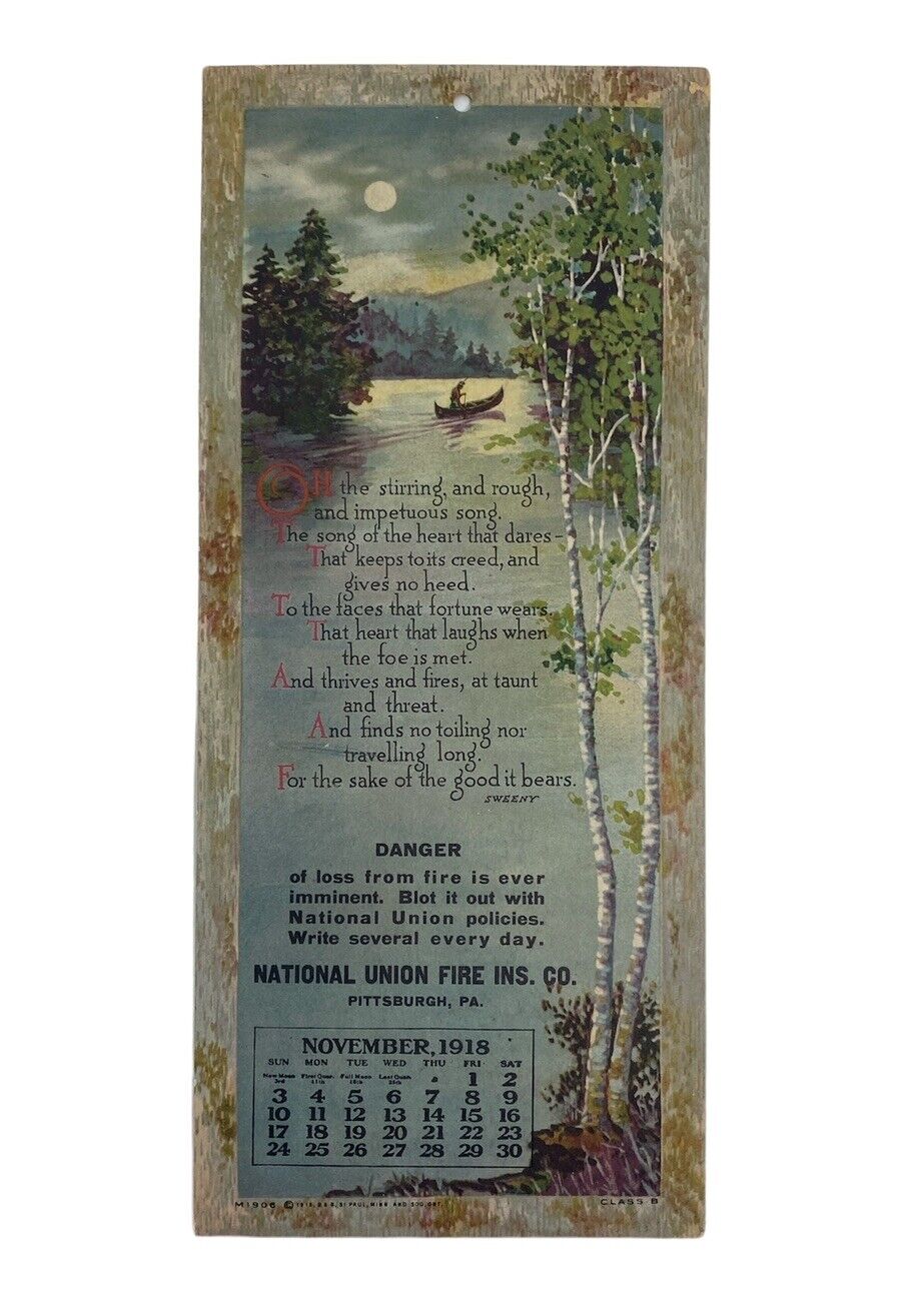 NATIONAL UNION FIRE INS CO 1918 Advertising Calendar Art Card Antique