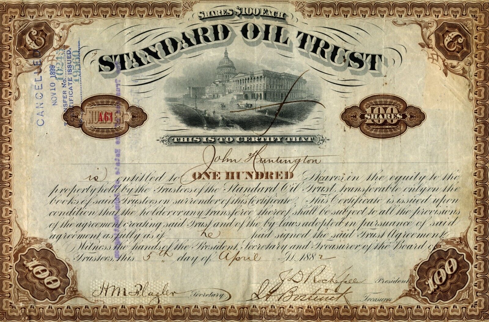John D. Rockefeller & Henry Flagler ~ Signed Standard Oil Certificate ~ PSA DNA