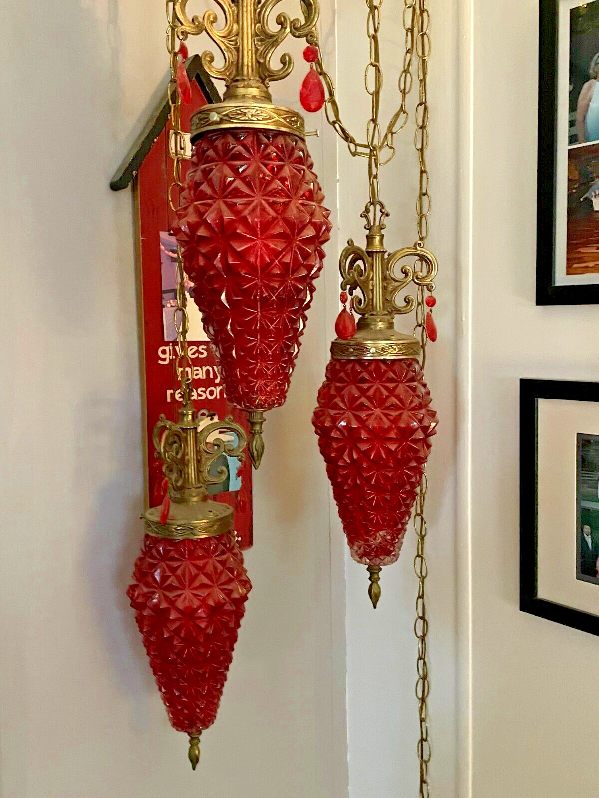 Vintage MCM Swag Red 3-Tiered Pendant Ceiling Hanging Light
