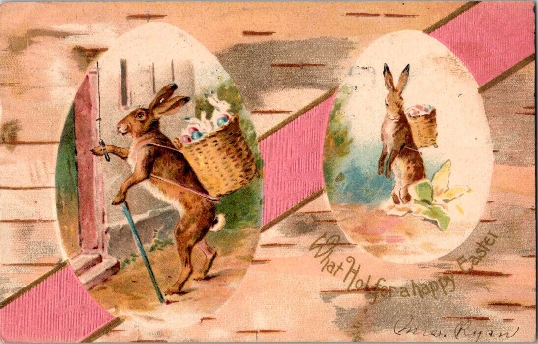 Vintage Antique Postcard Easter Anthropomorphic Bunny Rabbit Backpack Babies P04