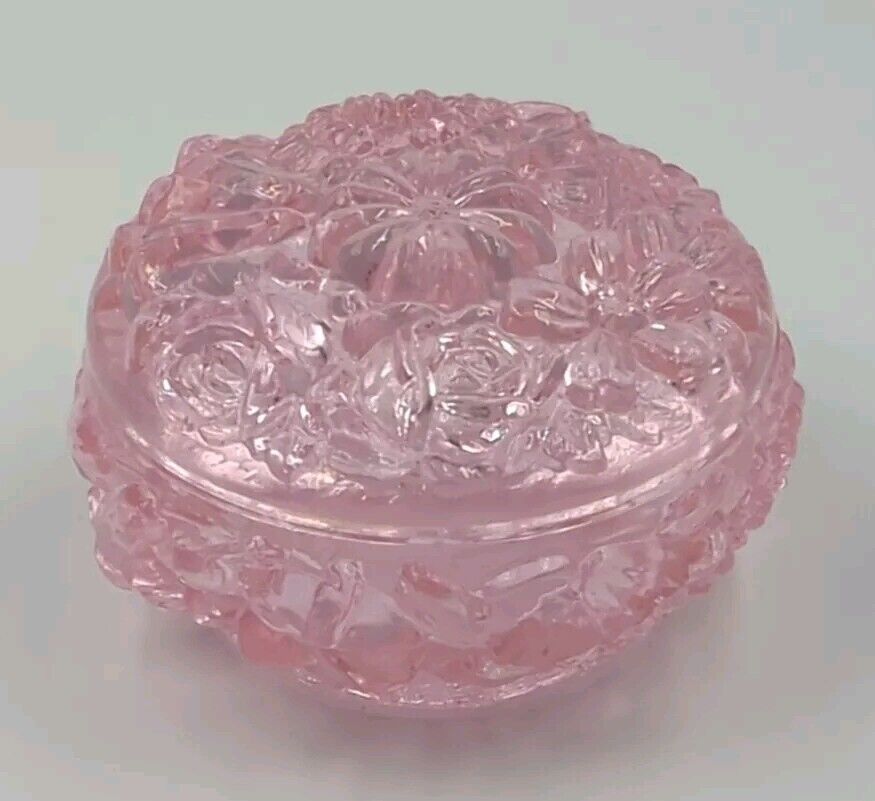Vintage Fenton Pink Floral Glass Trinket Box Powder Jar
