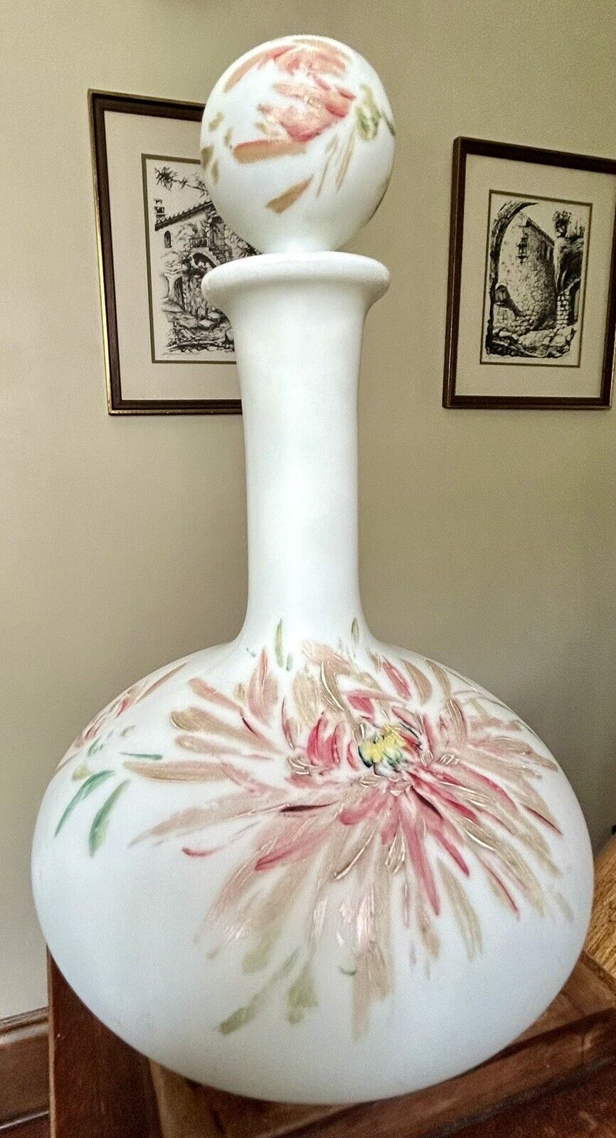 Antique Victorian, Bristol Glass, Barber Bottle, Delicately Hand Painted 10”tall