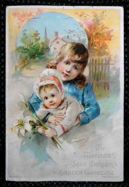 1891 antique LION COFFEE TRADE CARD easter child lily