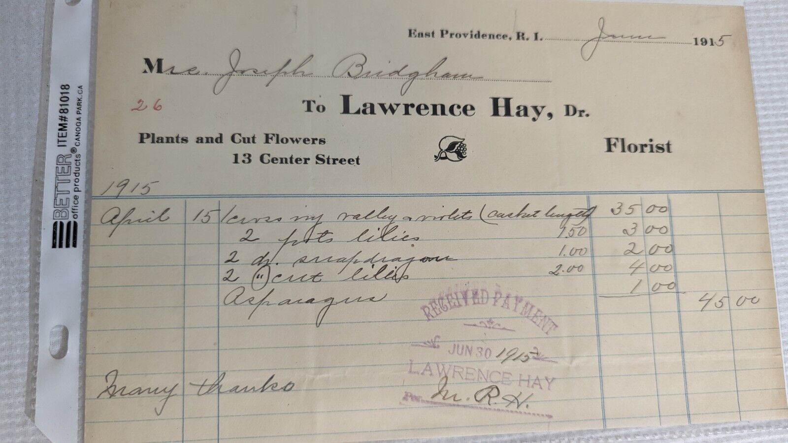 Lawrence Hay Florist Funeral Receipt Violets 1915 Vintage East Providence R.I.