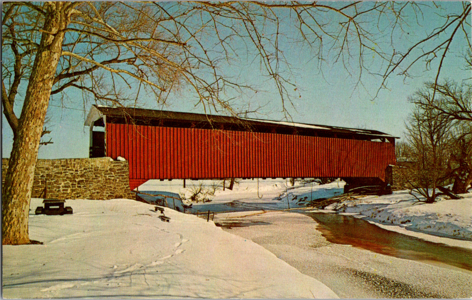 Vintage 1960\'s The Paradise Covered Bridge, Snow Scene, Pennsylvania PA Postcard
