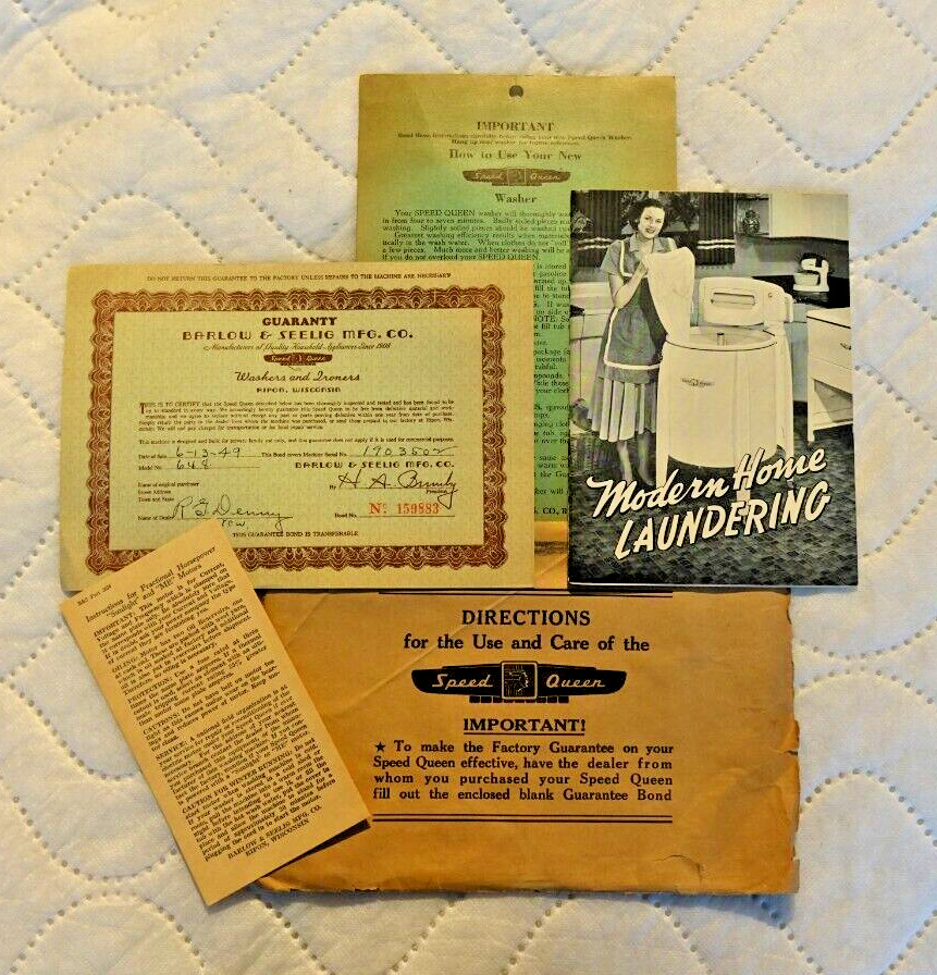 1949 Vintage Speed Queen Washer Instructions Brochure Booklet Certificate Papers