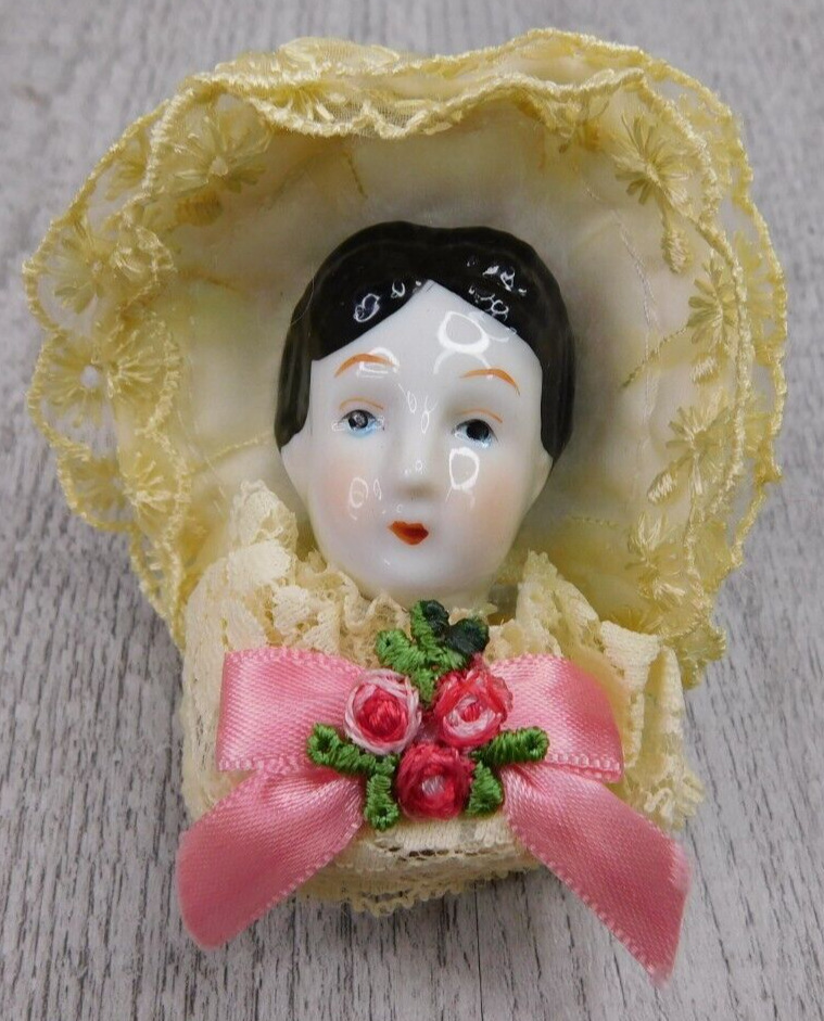 Vintage Victorian Porcelain Doll Head  with Shawl & Hat Christmas Ornament 4 \