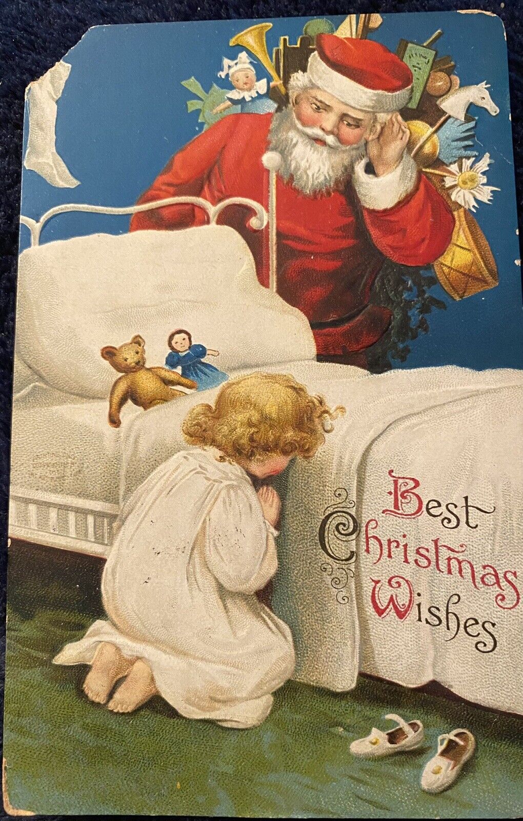 Santa Claus, Best Christmas Wishes, Praying Child Antique Postcard 1908 Postmark