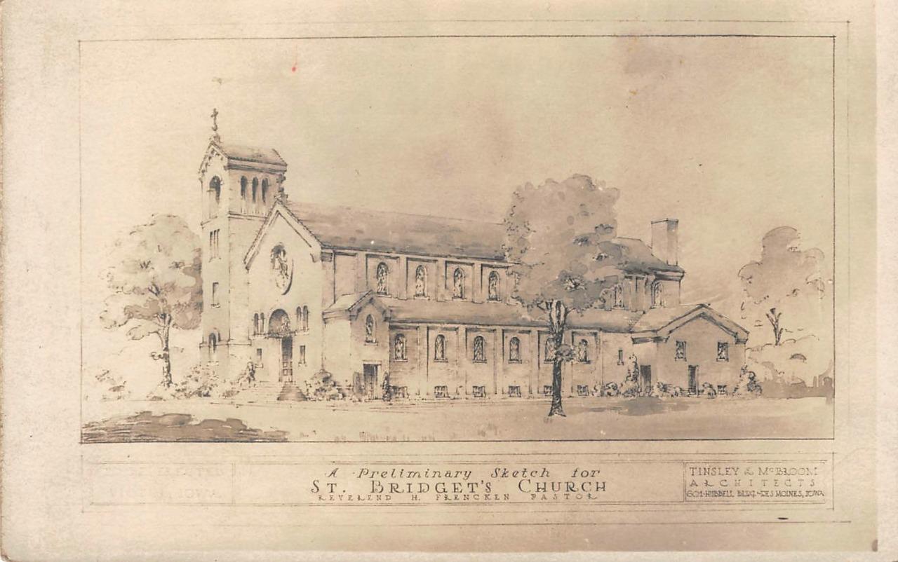 RPPC St. Bridget\'s Church, Victor, Iowa Architect Sketch c1910s Vintage Postcard