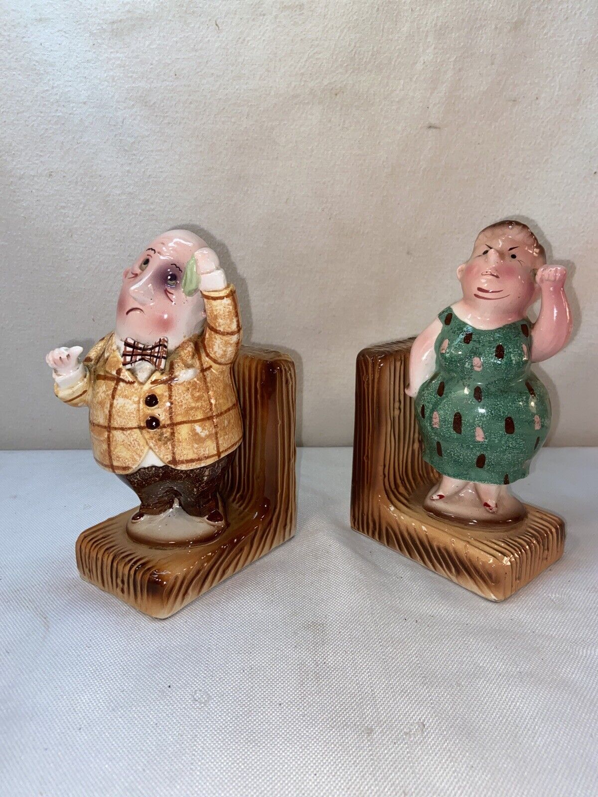 Vtg PAIR 50-60’s Ceramic MAD MOM WEARY HEADACHE DAD Gag Gift Bookends