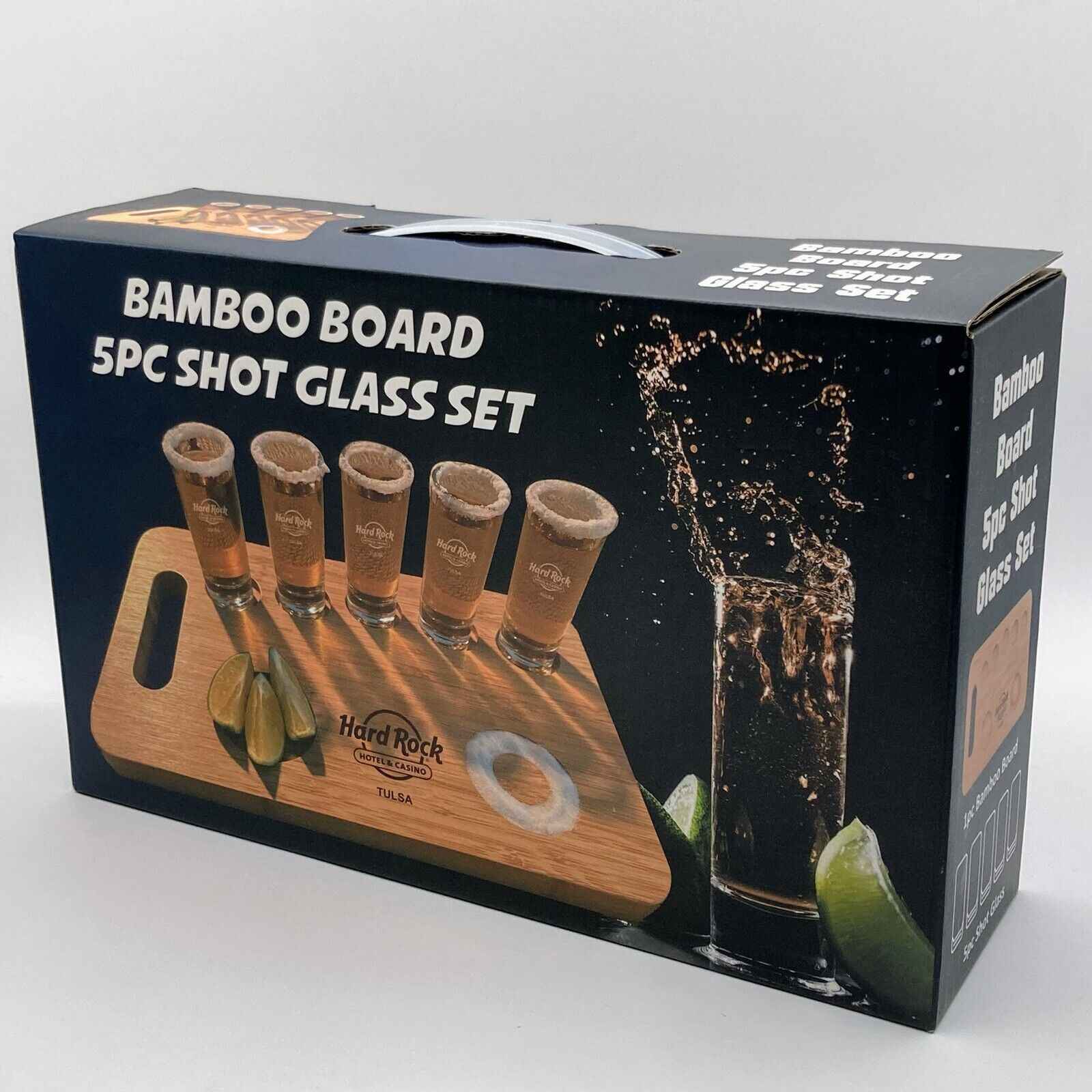 Hard Rock Hotel & Casino Tulsa 5 Pc Shot Glass Set with Bamboo Cutting Board NIB
