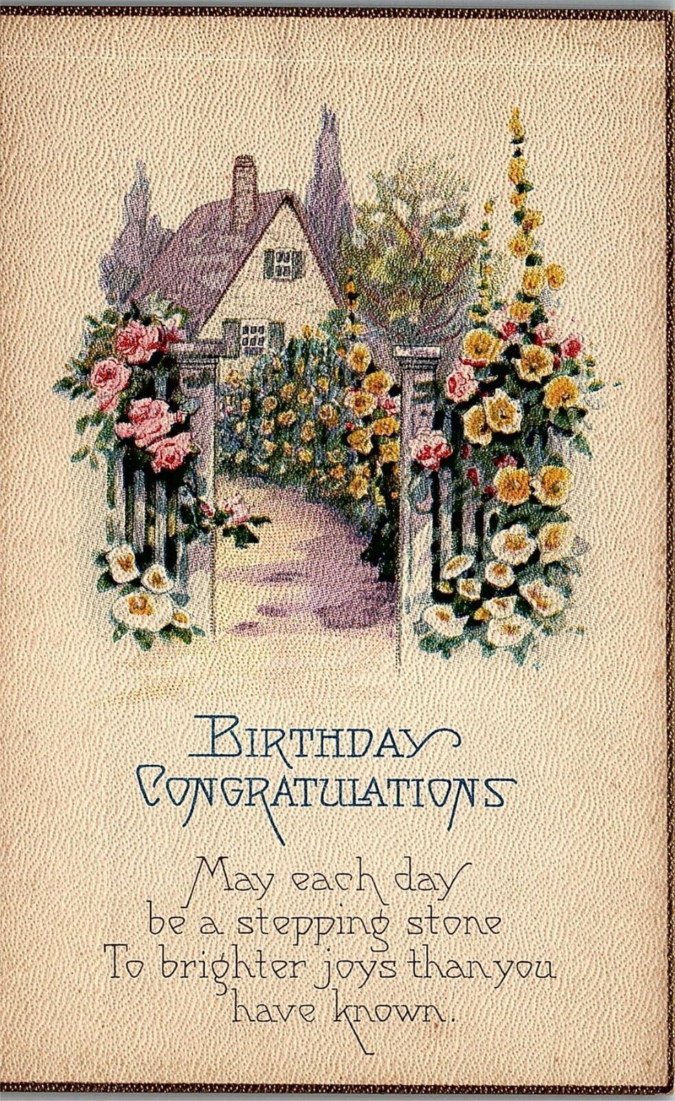 c1910 BIRTHDAY CONGRATULATIONS COTTAGE ROSES FLOWERS UNPOSTED POSTCARD 38-113