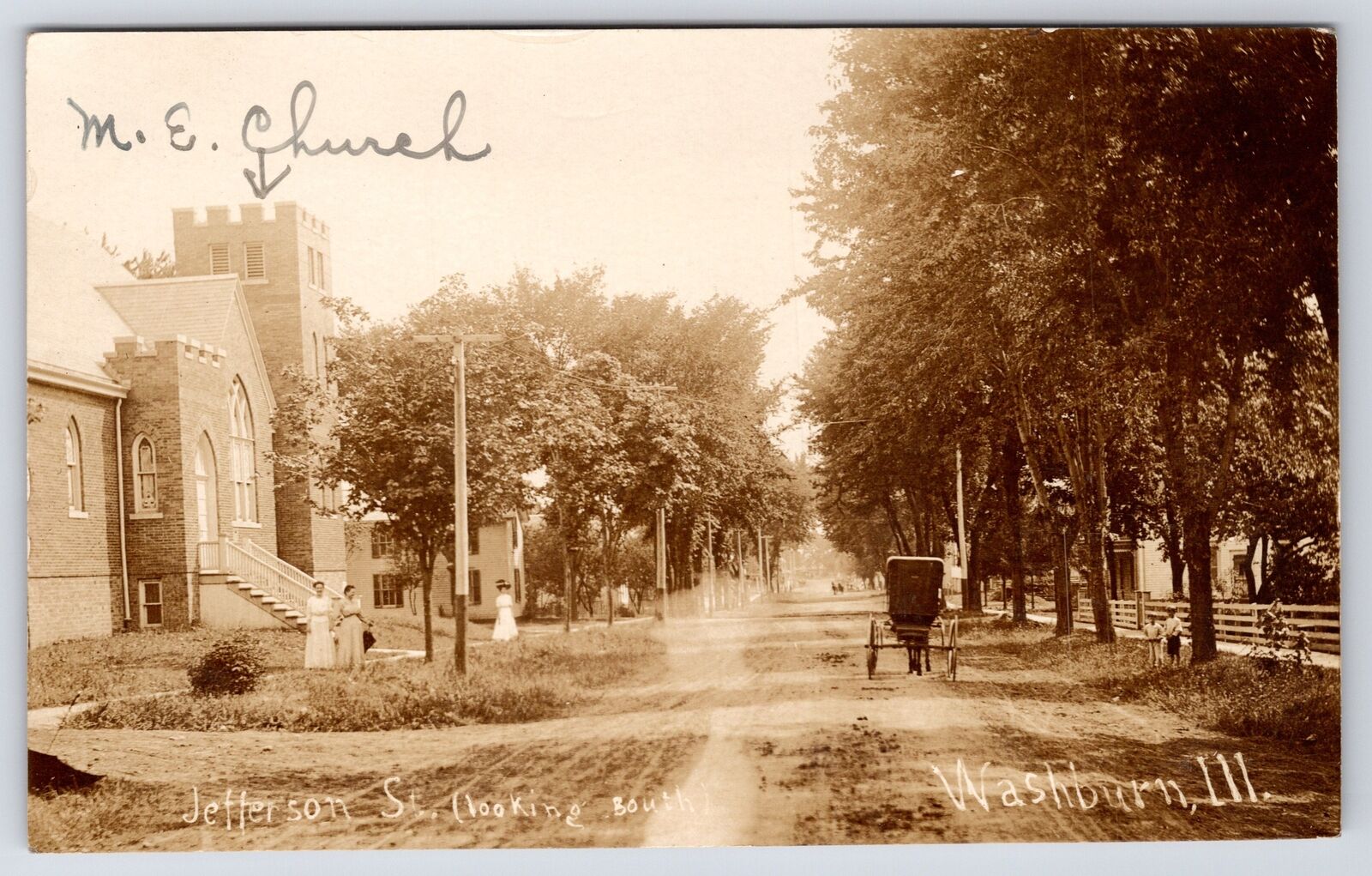 Washburn Illinois~Jefferson Street Ladies Stroll~Methodist ME Church~1908 RPPC