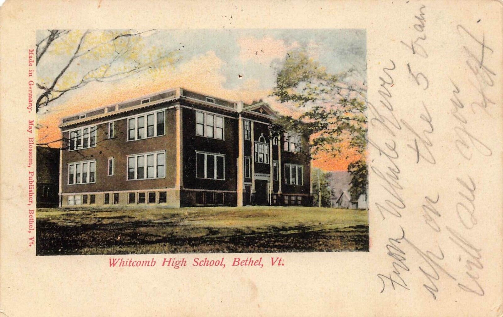 1907 VERMONT POSTCARD: WHITCOMB HIGH SCHOOL, BETHEL, VT