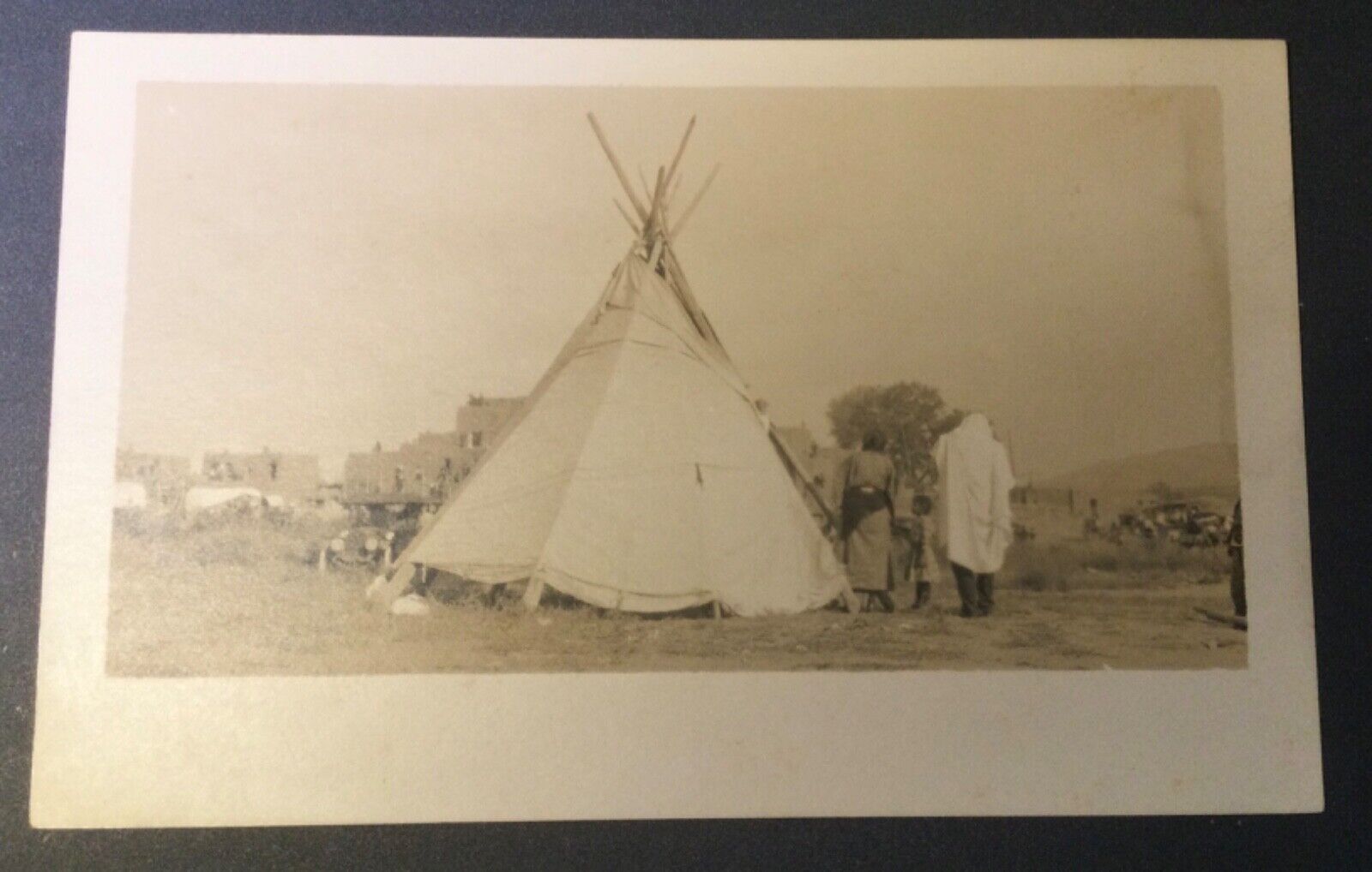 Early 1900s candid RPPC - Native American teepee w/people and grand pueblos