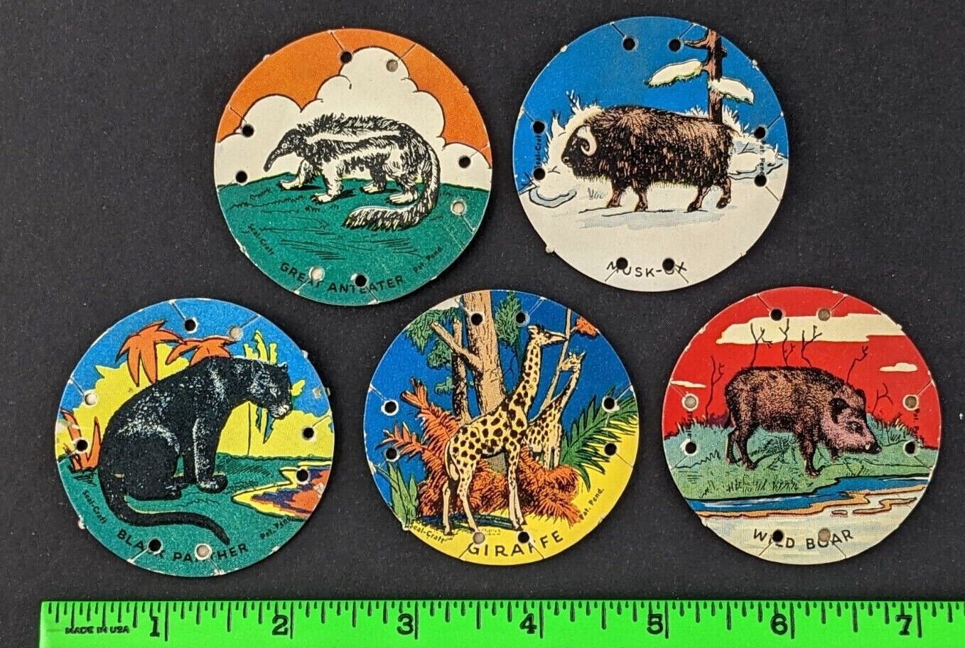 Vintage (Lot of 5) 1930's Animals Seal-Craft Discs R123 Cards Panther Ox Giraffe