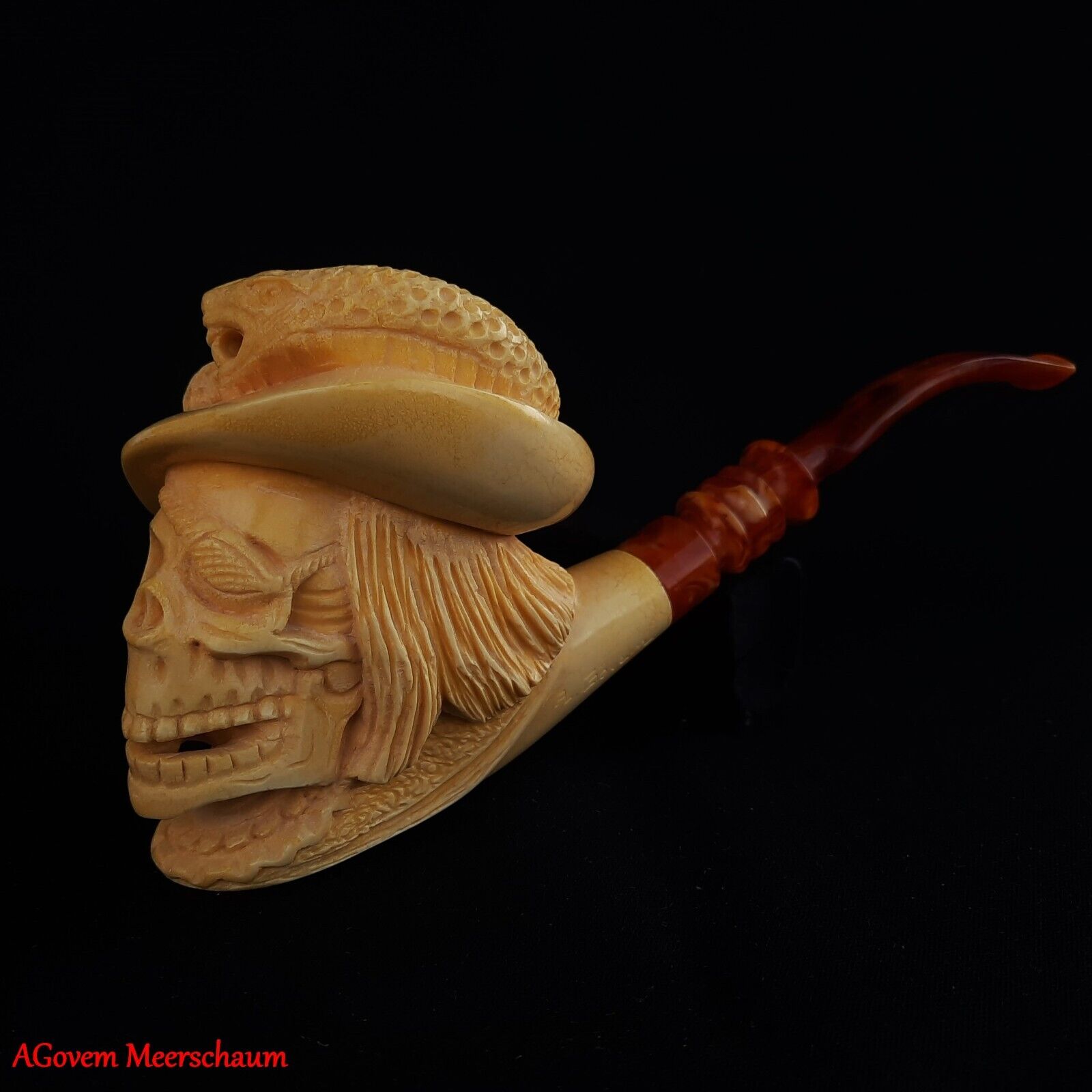 XL Pirate w Snake  Meerschaum Smoking Pipe, Turkish Carved Tobacco Pipe AGM-1778