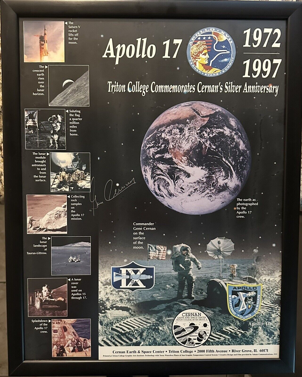 Framed Apollo 17 Triton College Commemorate Gene Cernan Silver Ann Signed Poster