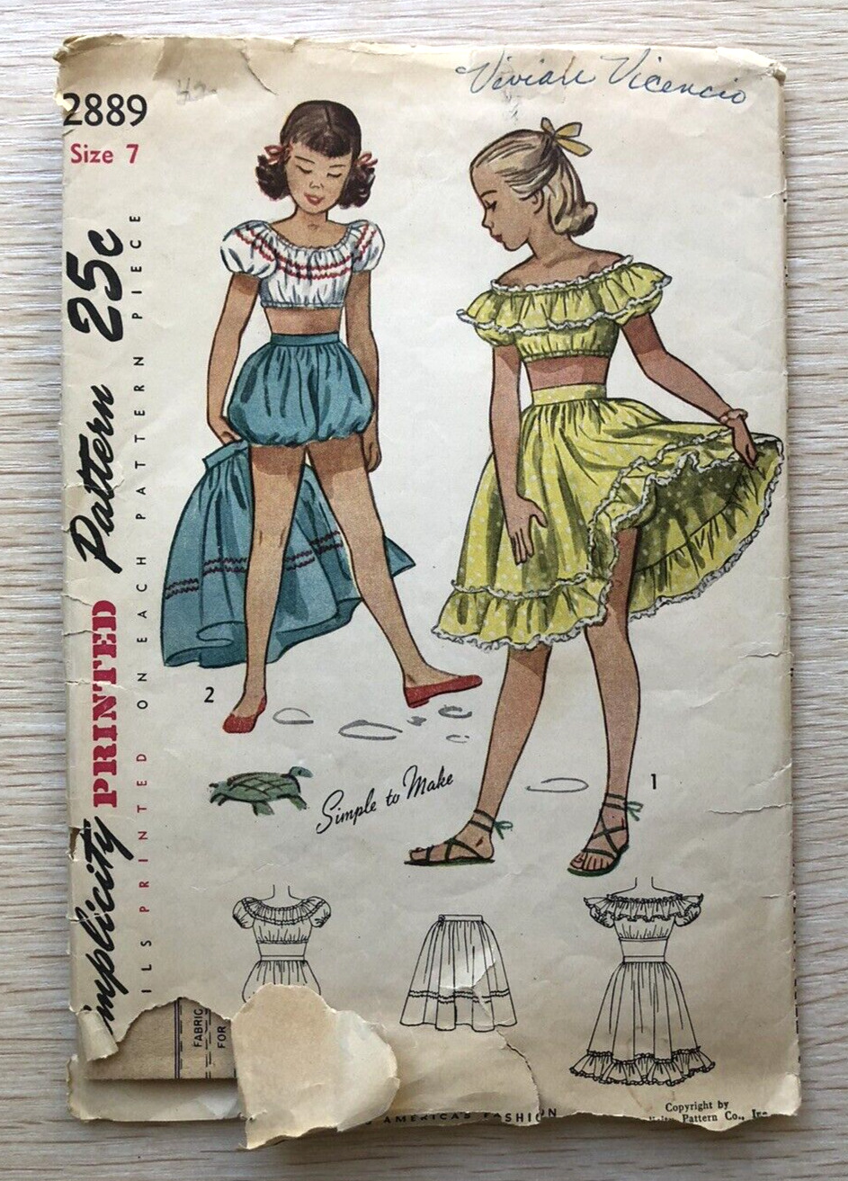 Vintage 1949 Simplicity #2889 Crop Top Skirt Girls Sewing Pattern Sz 7 B25\