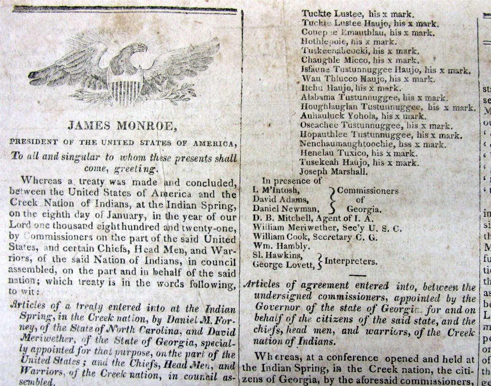 1821 DC newspaper w INDIAN TREATY between CREEK INDIAN TRIBE & the US Government