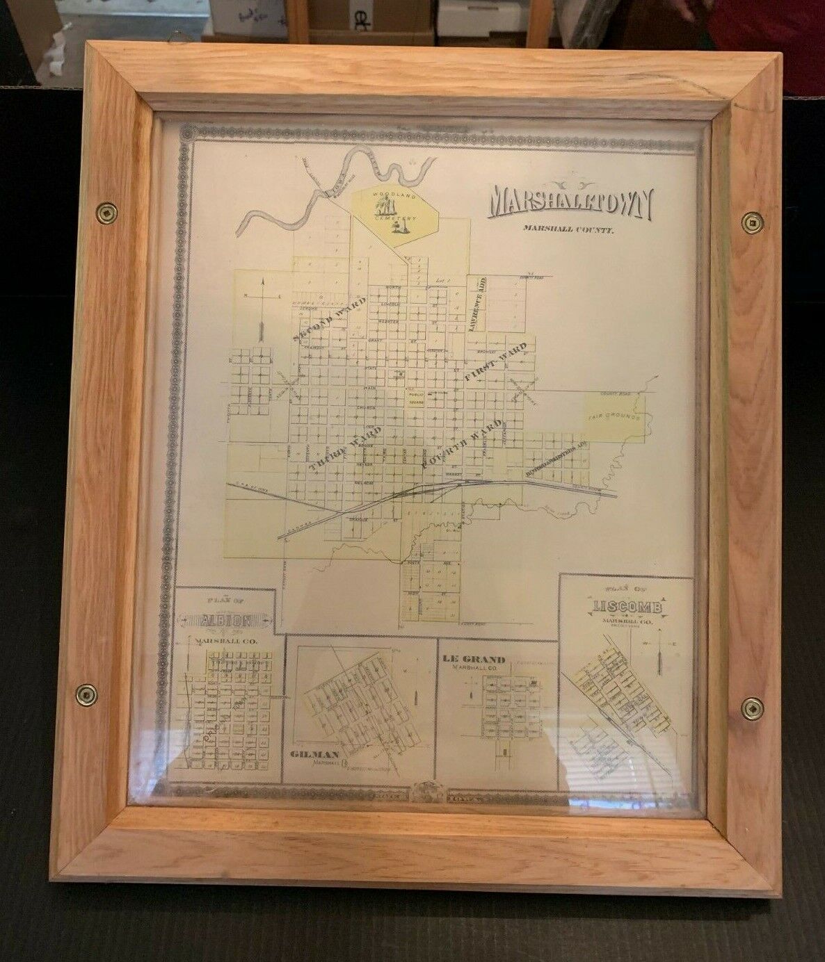 Antique circa 1890's Map of Marshall County Iowa Framed Two Sided