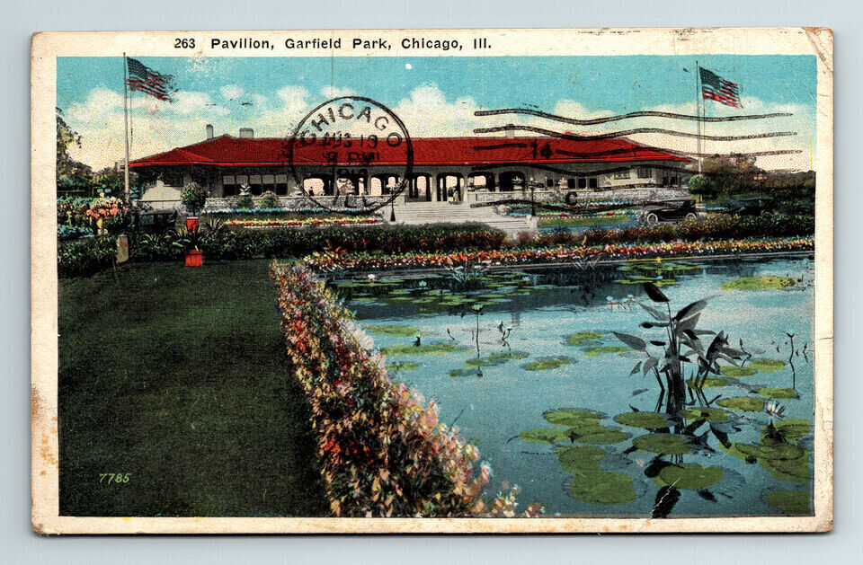 c1919 WB Postcard Chicago IL Garfield Park Pavilion Lily Pond